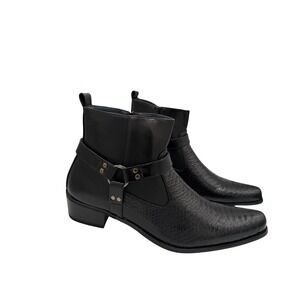 Alberto Fellini Men Black Snakeskin Texture Harness Ankle Boots Side Zip Size 13